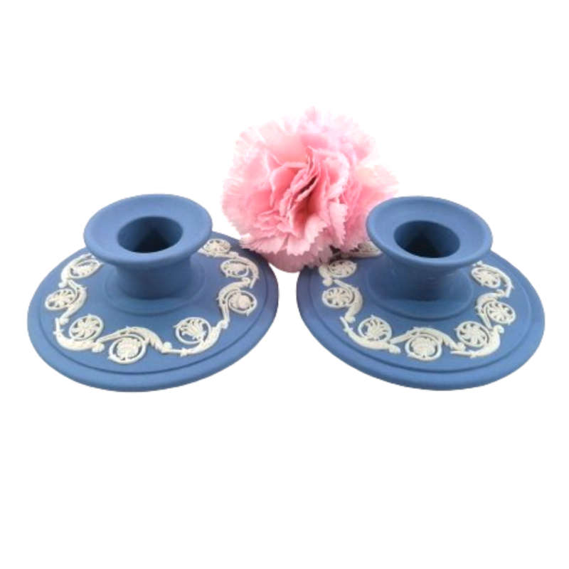 Vintage Wedgwood Jasper Blue Pair of Candle Holders