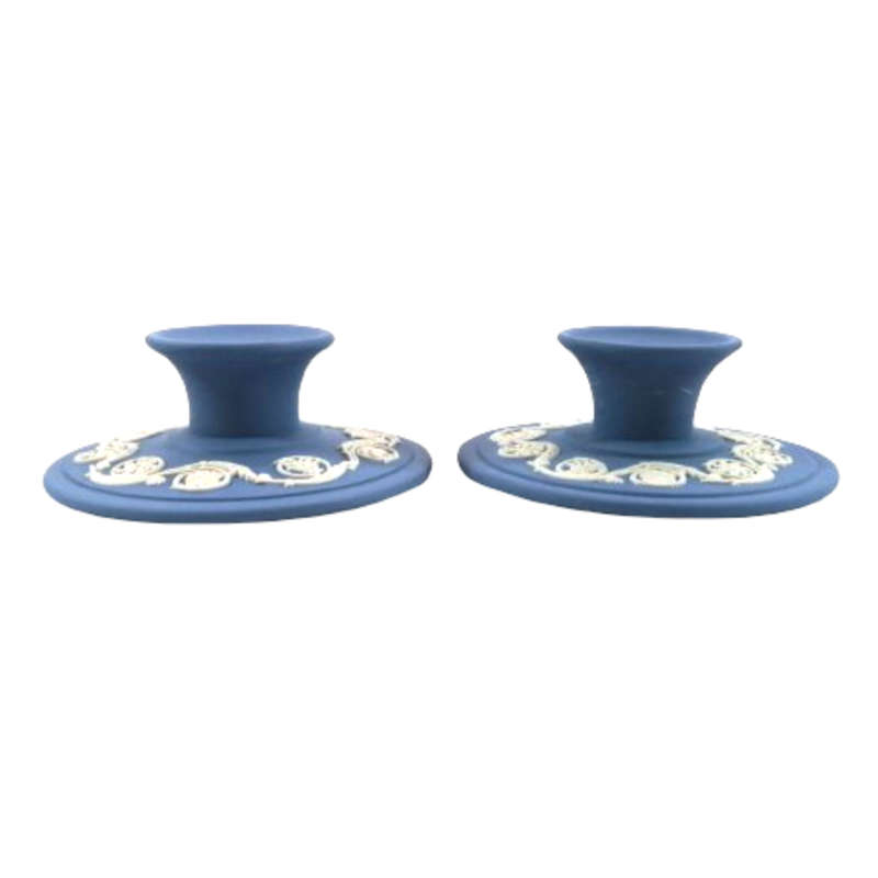 Vintage Wedgwood Jasper Blue Pair of Candle Holders
