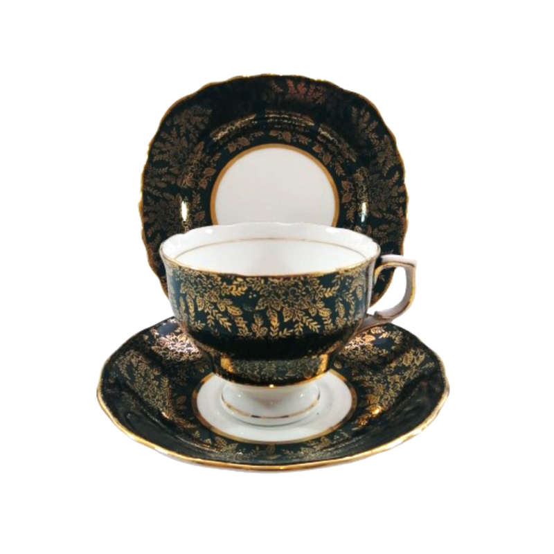 Cololough Bone China Tea Cup Plate Saucer Trio Gold Leaves on Forest Green