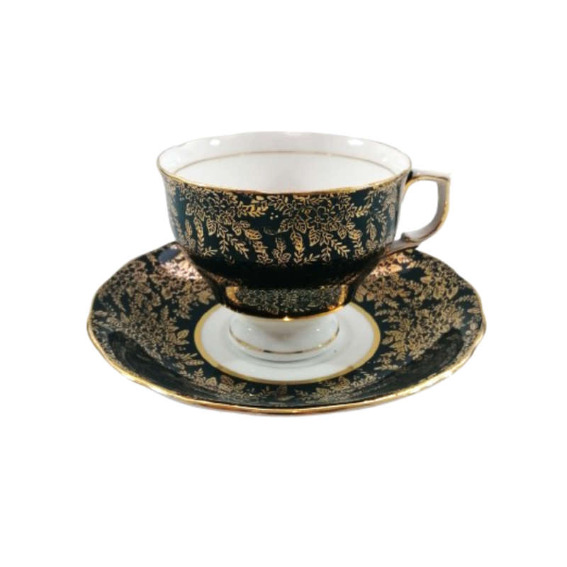 Cololough Bone China Tea Cup Plate Saucer Trio Gold Leaves on Forest Green