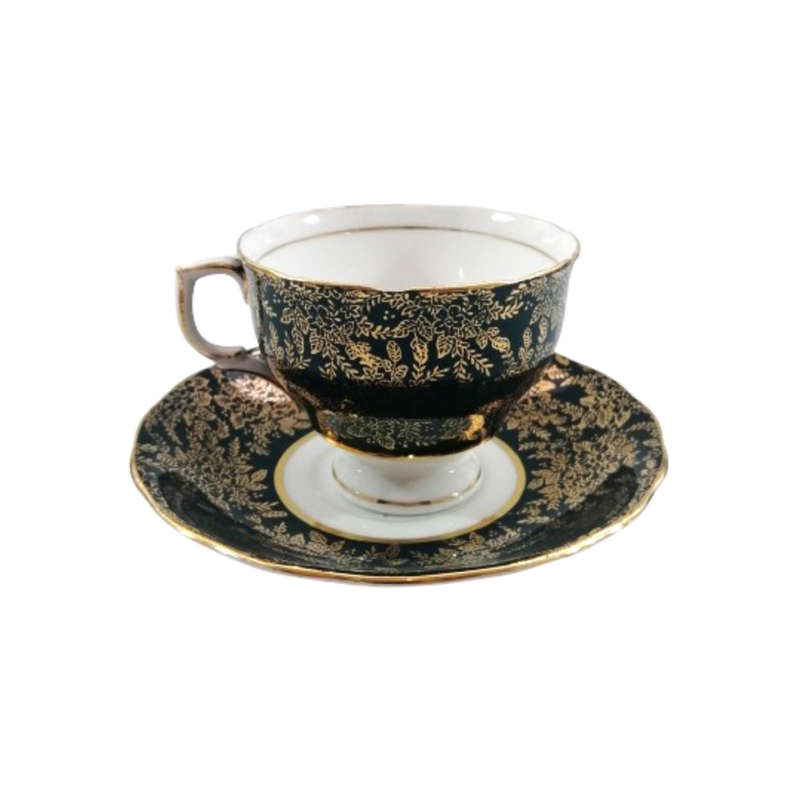 Cololough Bone China Tea Cup Plate Saucer Trio Gold Leaves on Forest Green