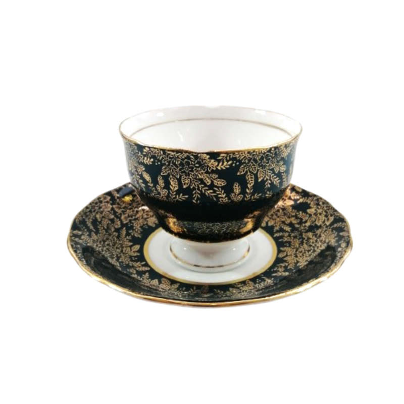 Cololough Bone China Tea Cup Plate Saucer Trio Gold Leaves on Forest Green