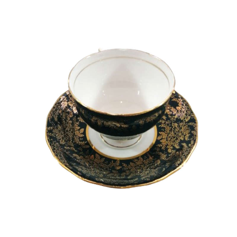Cololough Bone China Tea Cup Plate Saucer Trio Gold Leaves on Forest Green