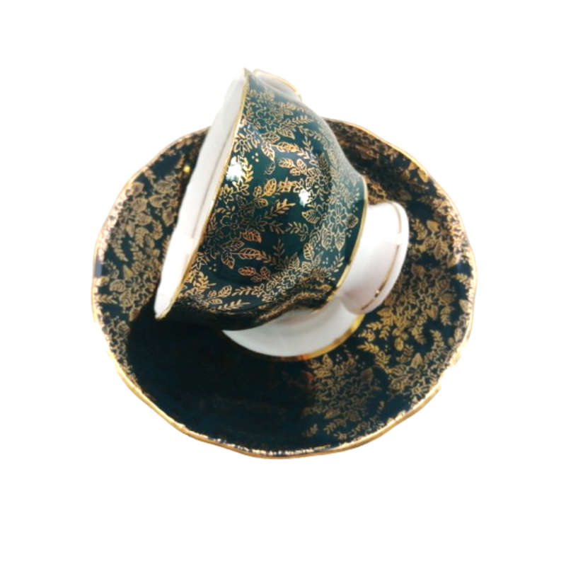 Cololough Bone China Tea Cup Plate Saucer Trio Gold Leaves on Forest Green