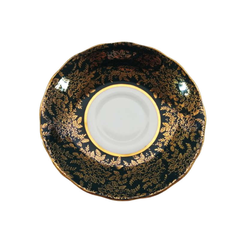 Cololough Bone China Tea Cup Plate Saucer Trio Gold Leaves on Forest Green