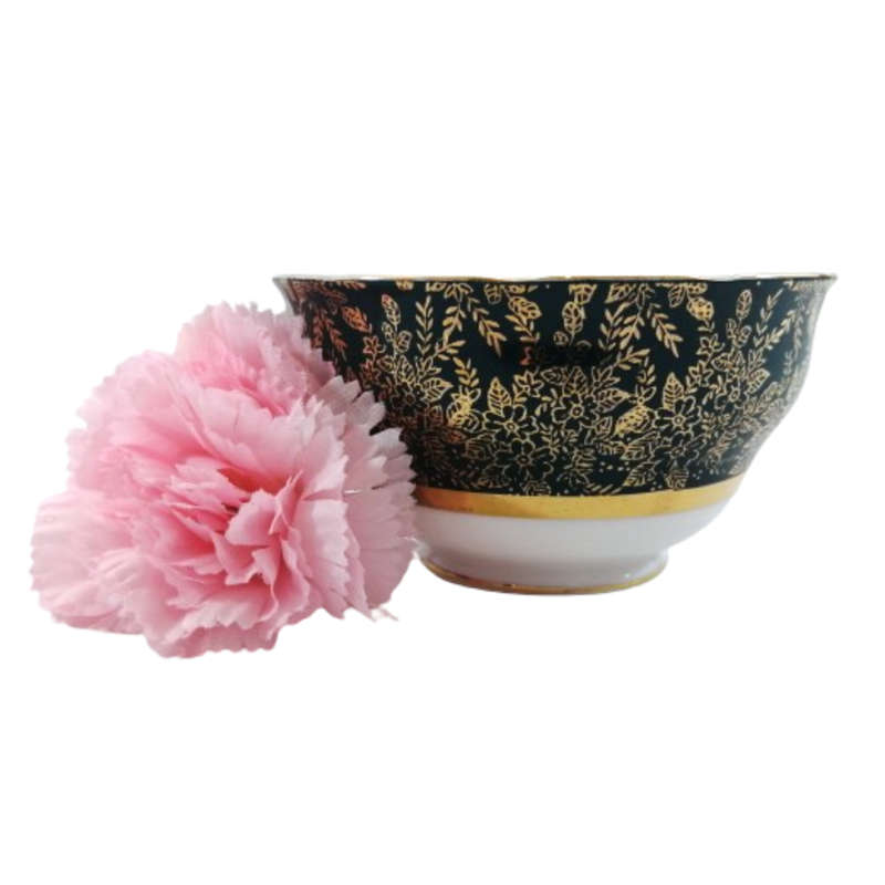 Cololough Bone China Sugar Bowl Gold Leaves on Forest Green