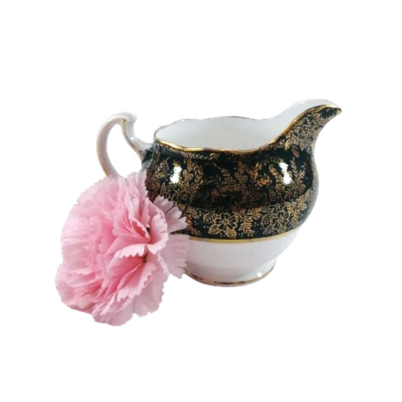 Cololough Bone China Milk Jug Gold Leaves on Forest Green
