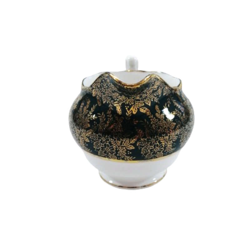 Cololough Bone China Milk Jug Gold Leaves on Forest Green