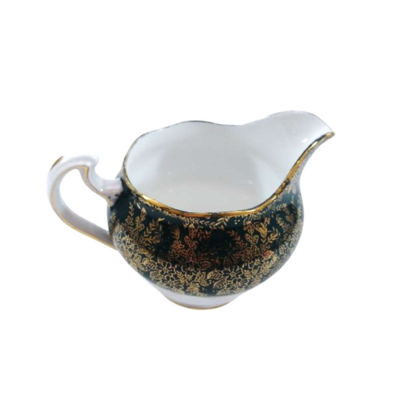 Cololough Bone China Milk Jug Gold Leaves on Forest Green
