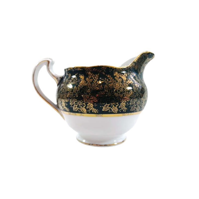 Cololough Bone China Milk Jug Gold Leaves on Forest Green