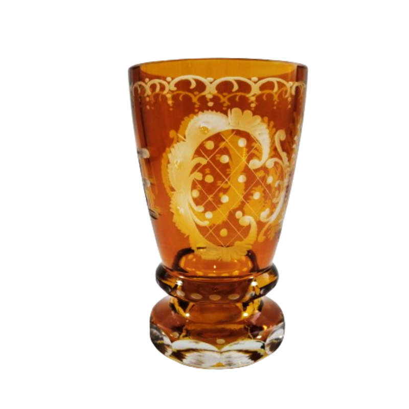 Antique Amber Flashed Vase With Fancy Engravings and Cuts With Deer