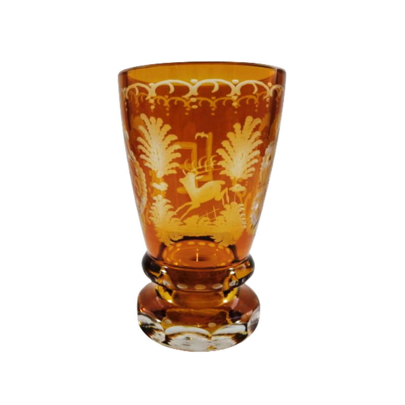 Antique Amber Flashed Vase With Fancy Engravings and Cuts With Deer