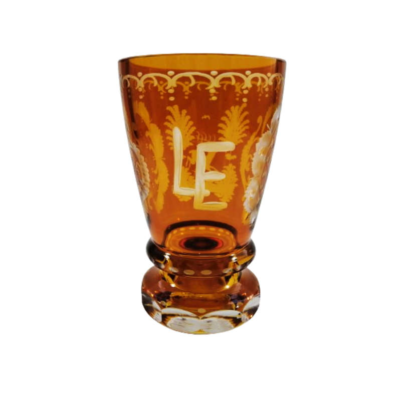 Antique Amber Flashed Vase With Fancy Engravings and Cuts With Deer