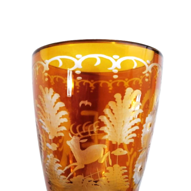 Antique Amber Flashed Vase With Fancy Engravings and Cuts With Deer