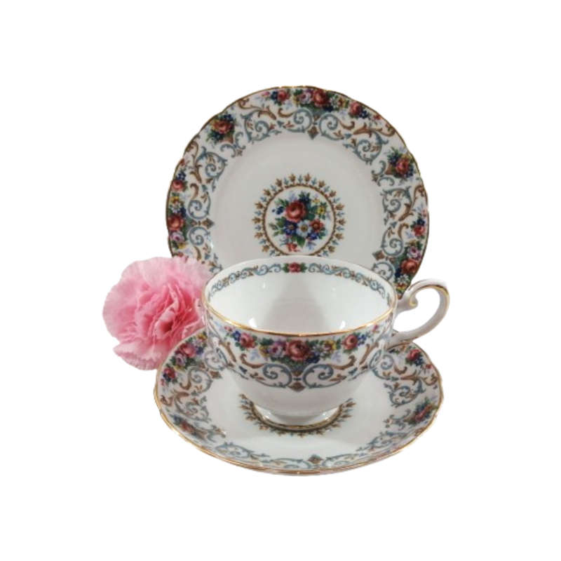 Tuscan Burgundy `Orleans` Teacup Trio Set - High Tea at Home