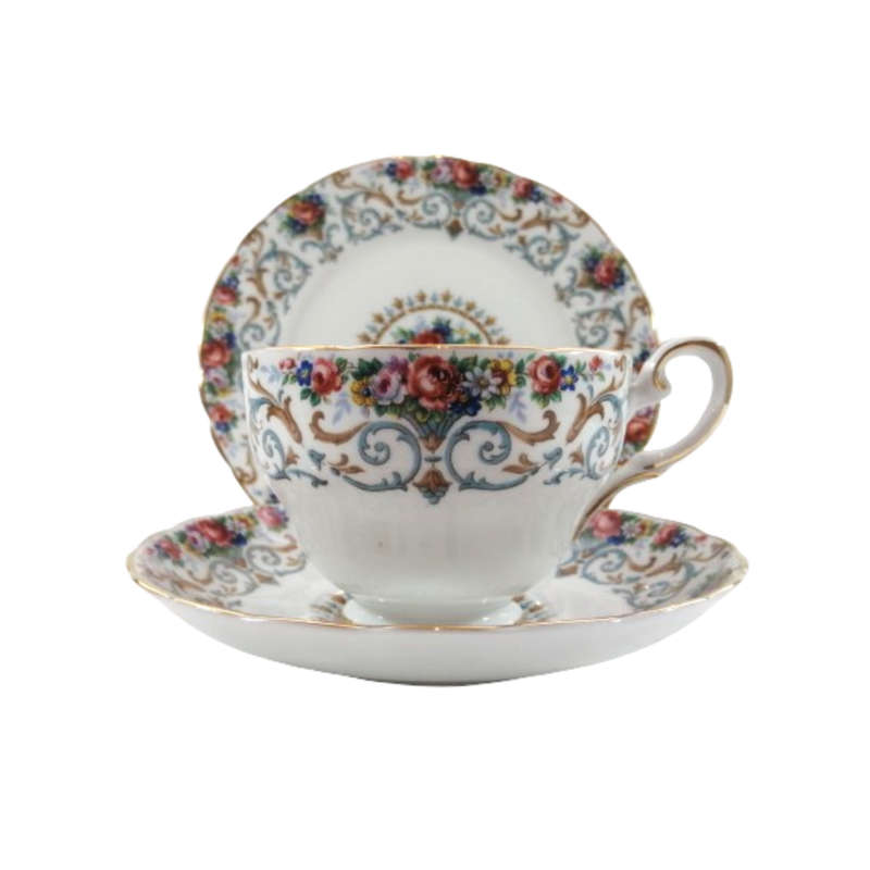 Tuscan Burgundy `Orleans` Teacup Trio Set - High Tea at Home