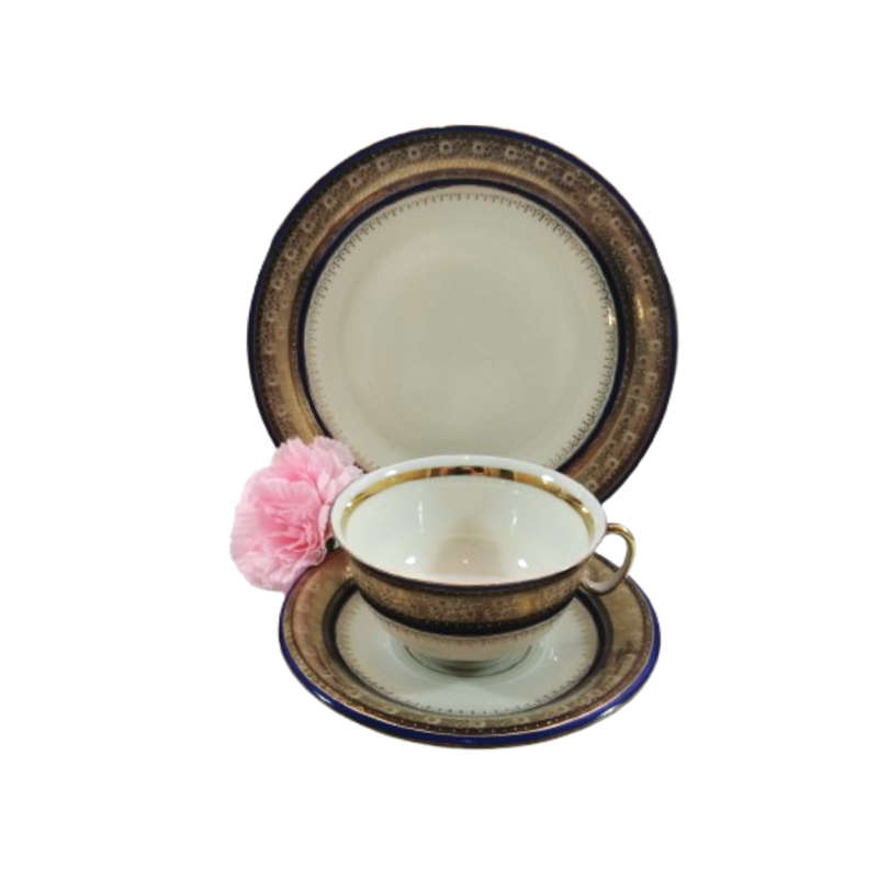 Hutschenreuther Hohenberg Gold Encrusted Dark Blue Cobalt Pedestal Cup and Saucer