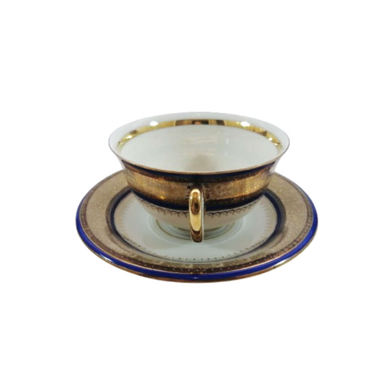 Hutschenreuther Hohenberg Gold Encrusted Dark Blue Cobalt Pedestal Cup and Saucer