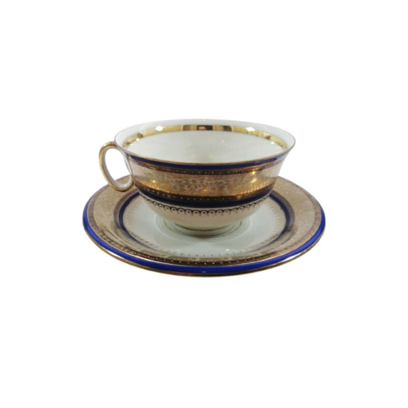 Hutschenreuther Hohenberg Gold Encrusted Dark Blue Cobalt Pedestal Cup and Saucer