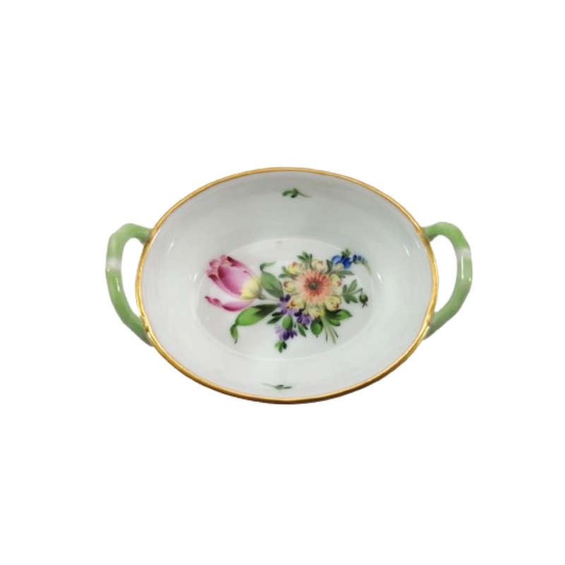 Herend Hungary Hand Painted Floral Porcelain Trinket Tray Dish Handled
