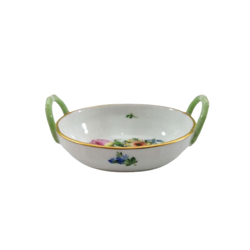 Herend Hungary Hand Painted Floral Porcelain Trinket Tray Dish Handled