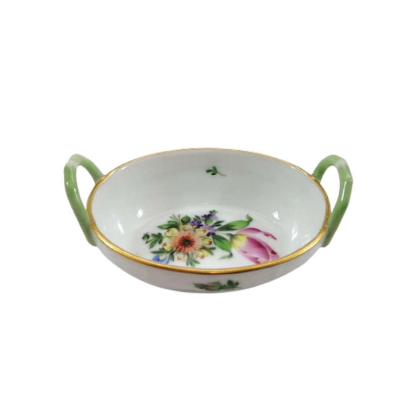 Herend Hungary Hand Painted Floral Porcelain Trinket Tray Dish Handled