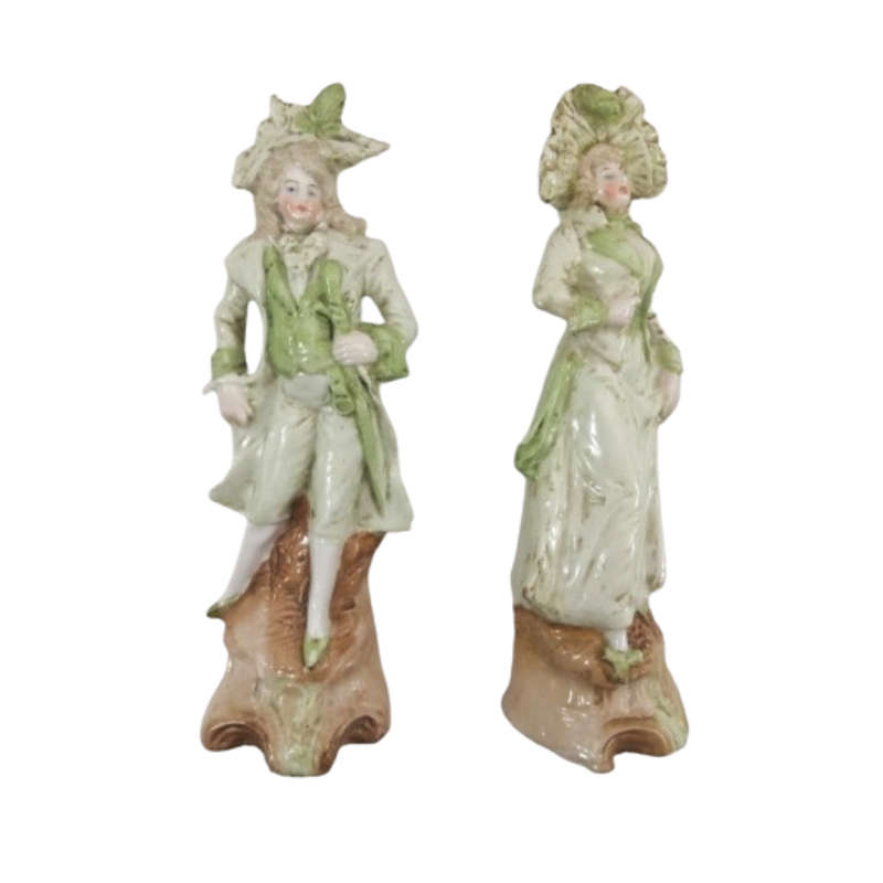 Antique Figurines of high society Lady and Gentleman Bisque Porcelain
