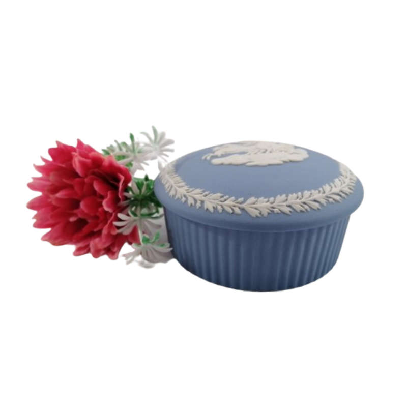 Wedgwood Jasper Blue Chariot and Horse Round Ribbed Lidded Pot