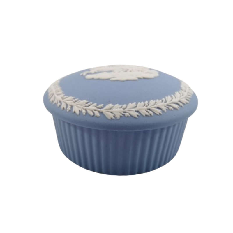 Wedgwood Jasper Blue Chariot and Horse Round Ribbed Lidded Pot