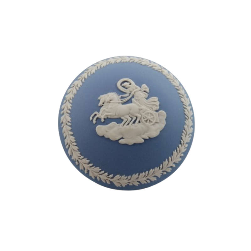 Wedgwood Jasper Blue Chariot and Horse Round Ribbed Lidded Pot