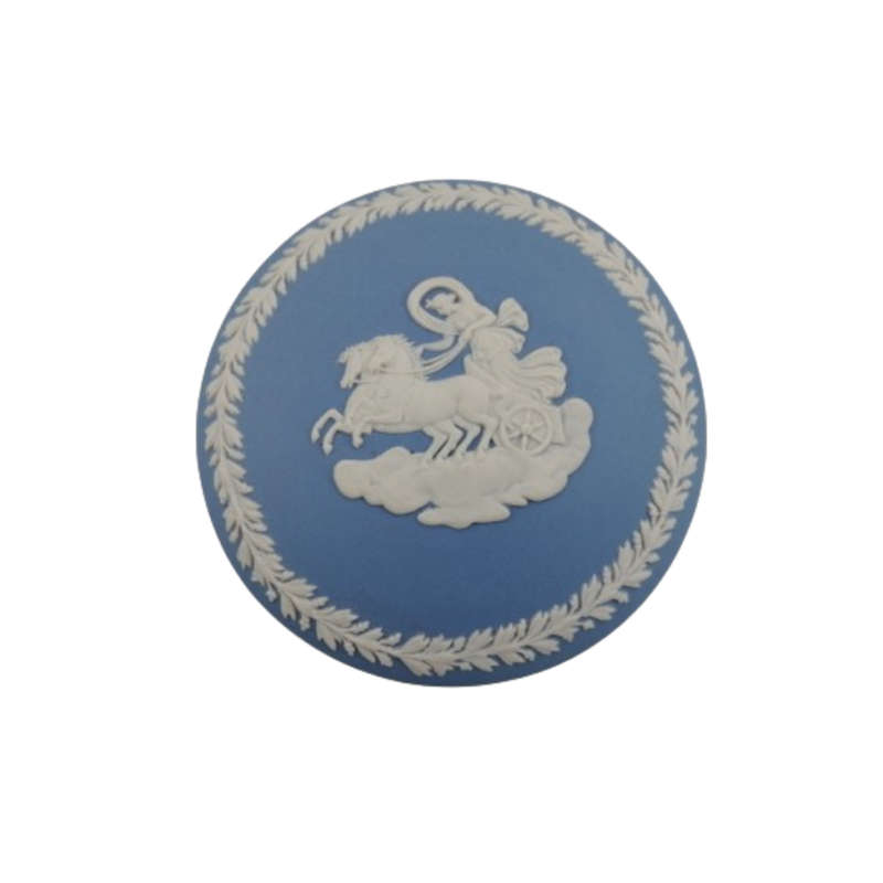 Wedgwood Jasper Blue Chariot and Horse Round Ribbed Lidded Pot