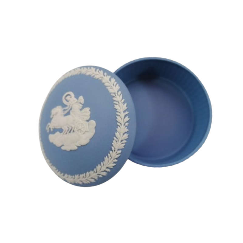 Wedgwood Jasper Blue Chariot and Horse Round Ribbed Lidded Pot