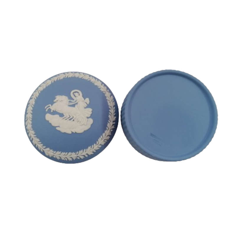 Wedgwood Jasper Blue Chariot and Horse Round Ribbed Lidded Pot