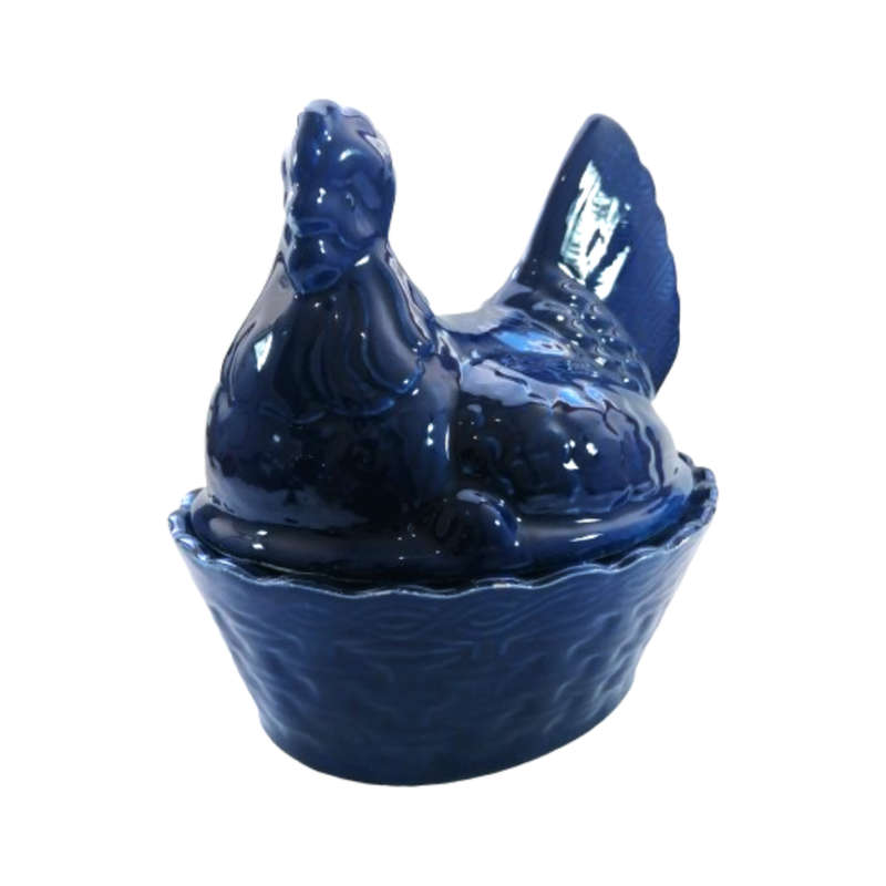 Large Vintage Dark Blue Glazed Chicken / Hen Nest Lidded Dish