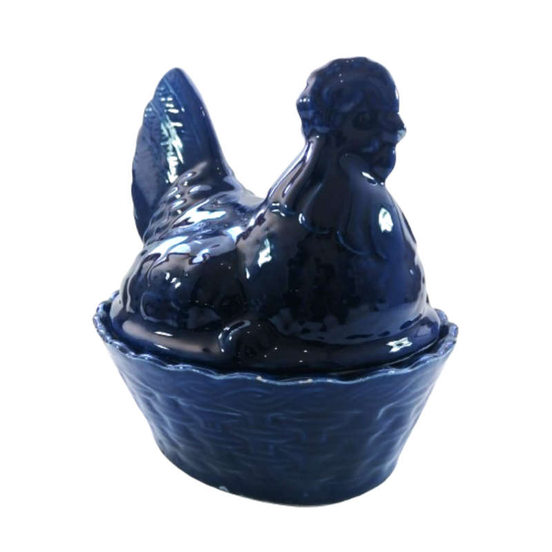 Large Vintage Dark Blue Glazed Chicken / Hen Nest Lidded Dish