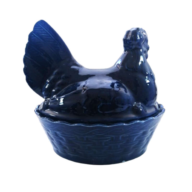 Large Vintage Dark Blue Glazed Chicken / Hen Nest Lidded Dish