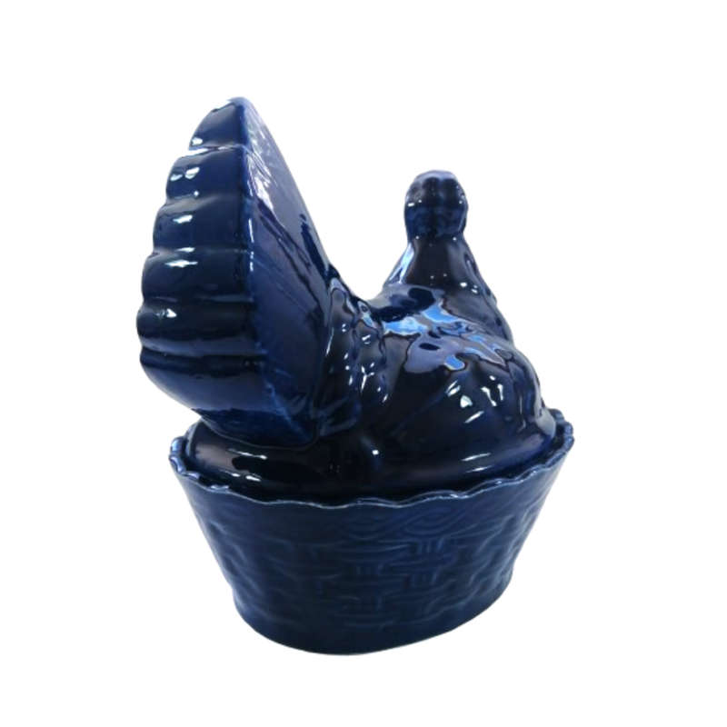 Large Vintage Dark Blue Glazed Chicken / Hen Nest Lidded Dish