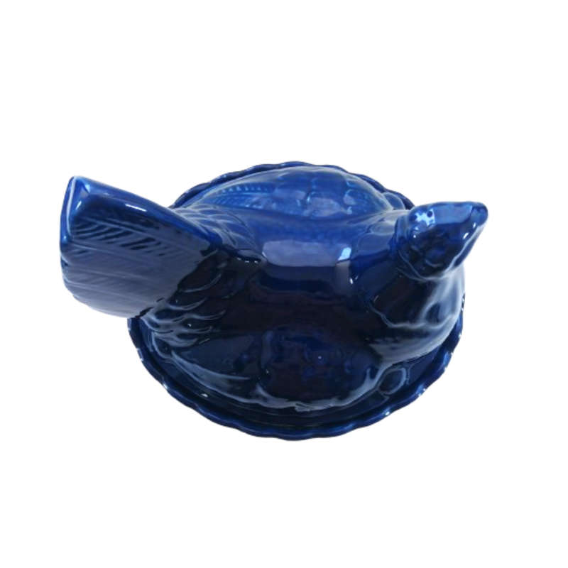 Large Vintage Dark Blue Glazed Chicken / Hen Nest Lidded Dish