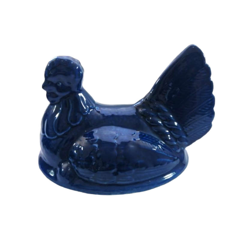 Large Vintage Dark Blue Glazed Chicken / Hen Nest Lidded Dish