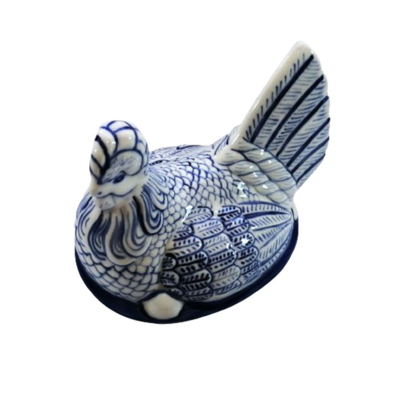 Large Vintage Blue and White Glazed Chicken / Hen Nest Lidded Dish