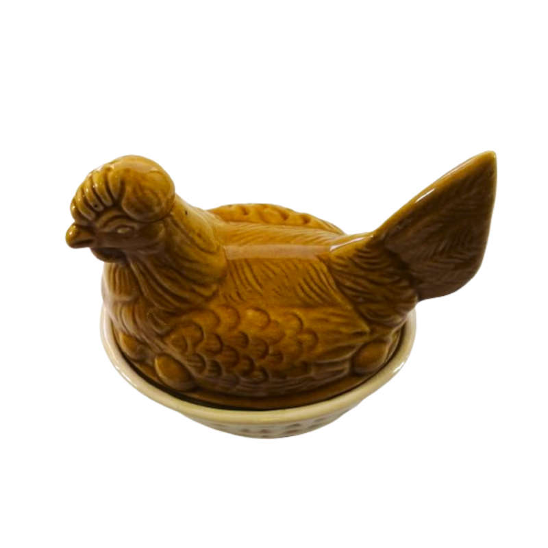 Large Vintage Orange Brown Glazed Chicken / Hen Nest Lidded Dish