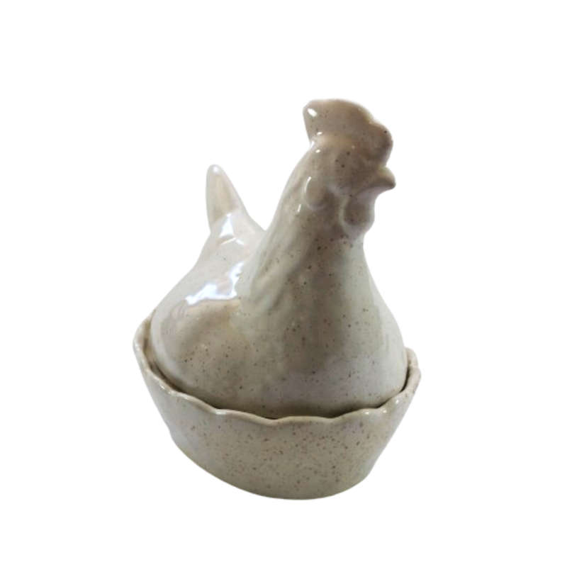Large Vintage Cream Speckled Glazed Chicken / Hen Nest Lidded Dish