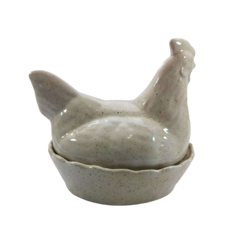 Large Vintage Cream Speckled Glazed Chicken / Hen Nest Lidded Dish