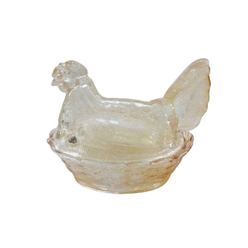 Vintage Light Amber Pressed Glass Chicken / Hen Nest Lidded Dish