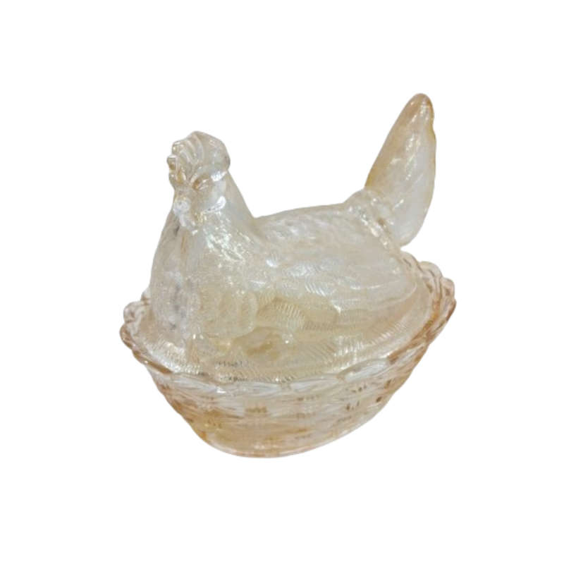Vintage Light Amber Pressed Glass Chicken / Hen Nest Lidded Dish