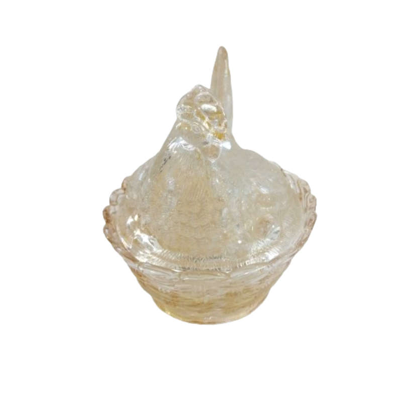 Vintage Light Amber Pressed Glass Chicken / Hen Nest Lidded Dish