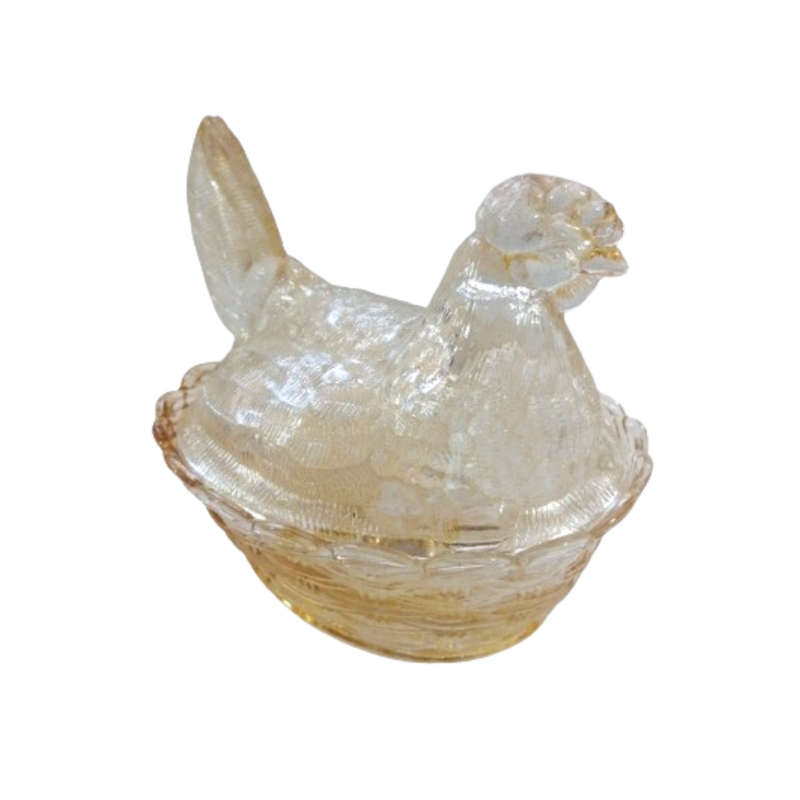 Vintage Light Amber Pressed Glass Chicken / Hen Nest Lidded Dish