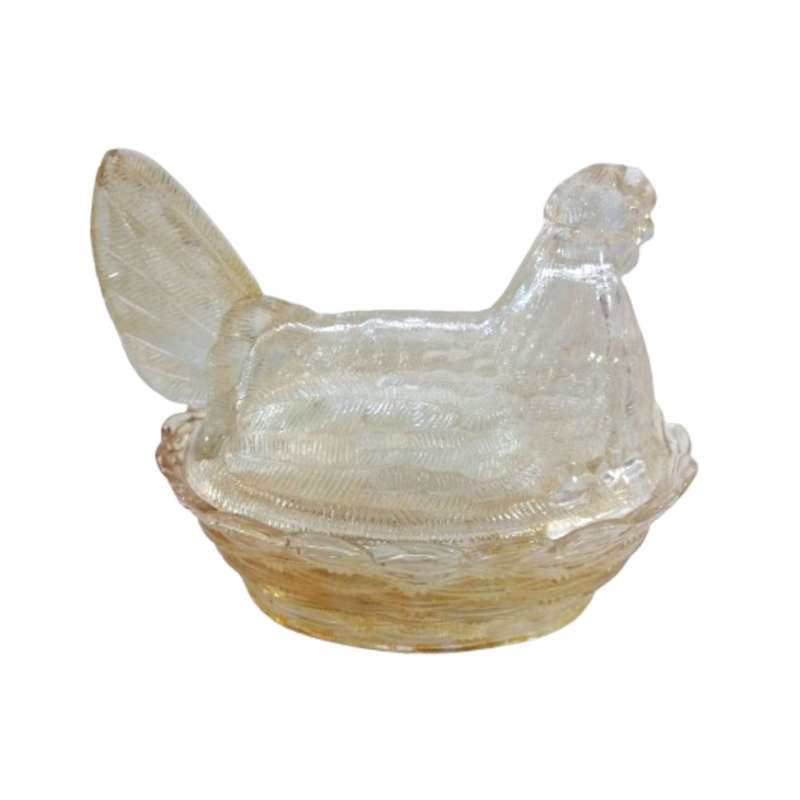 Vintage Light Amber Pressed Glass Chicken / Hen Nest Lidded Dish