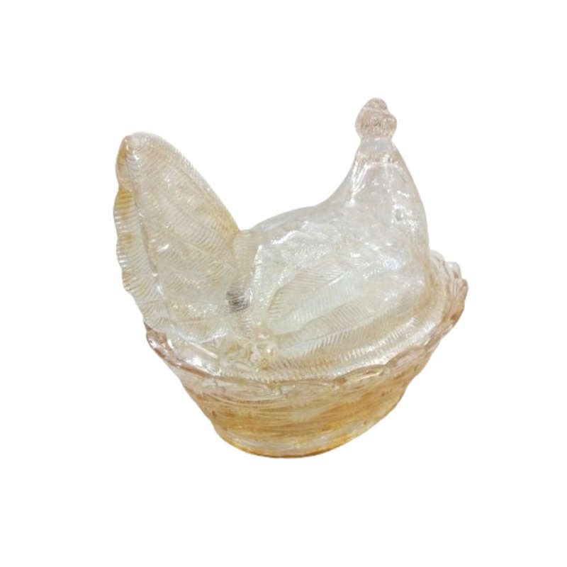 Vintage Light Amber Pressed Glass Chicken / Hen Nest Lidded Dish
