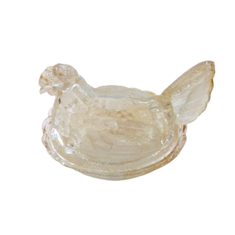 Vintage Light Amber Pressed Glass Chicken / Hen Nest Lidded Dish